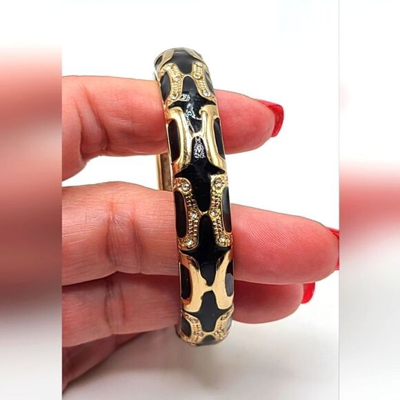 Anna and Ava hinged bangle bracelet,  black and gold with rhinestones - Picture 3 of 4